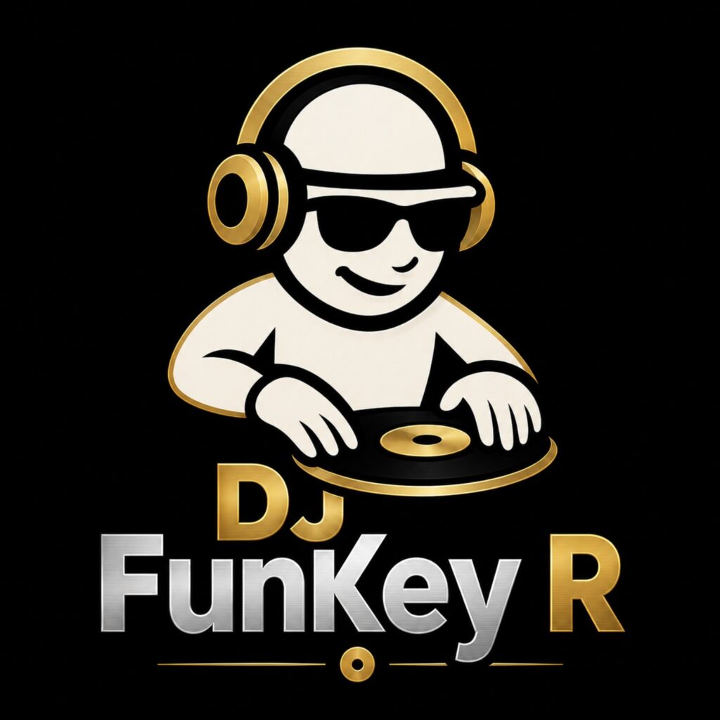 Logo van DJ FunKey R met DJ-figuur, hoofdtelefoon en draaitafel in goud- en zilverkleur
