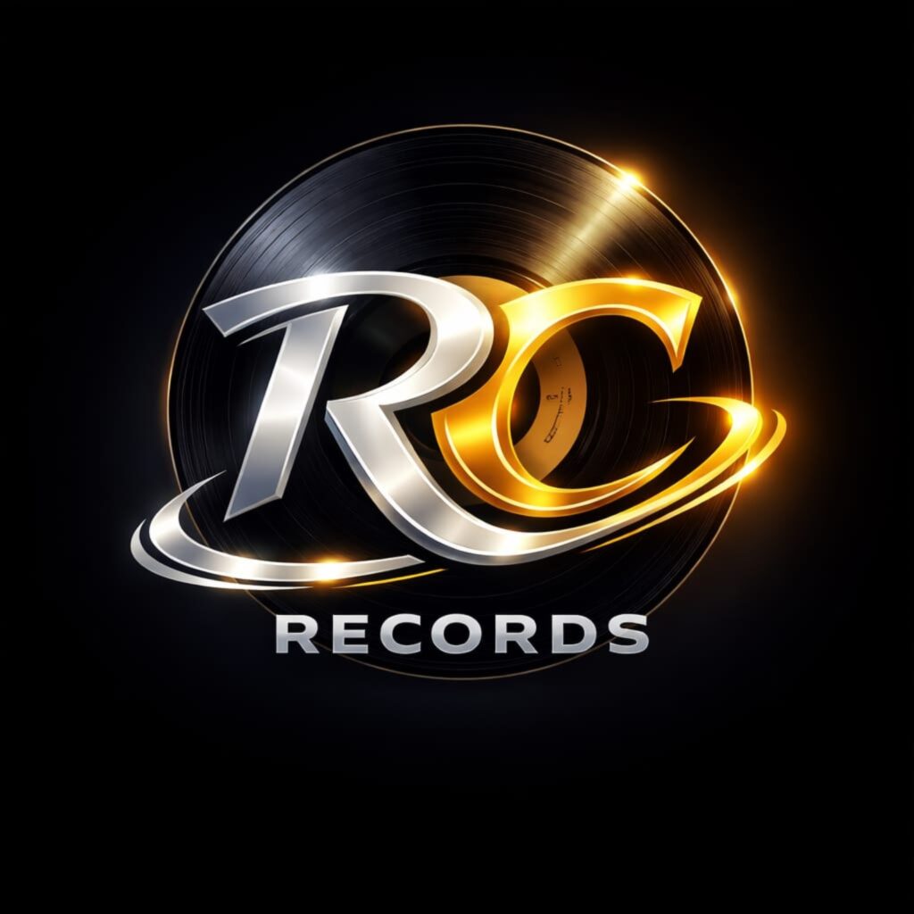 Logo van RC Records met gestileerde letters RC en een vinylplaat in goud- en zilverkleur