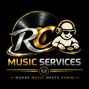 Logo van RC Music Services met vinylplaat, DJ-figuur en de slogan Where Music Meets Fun(k)