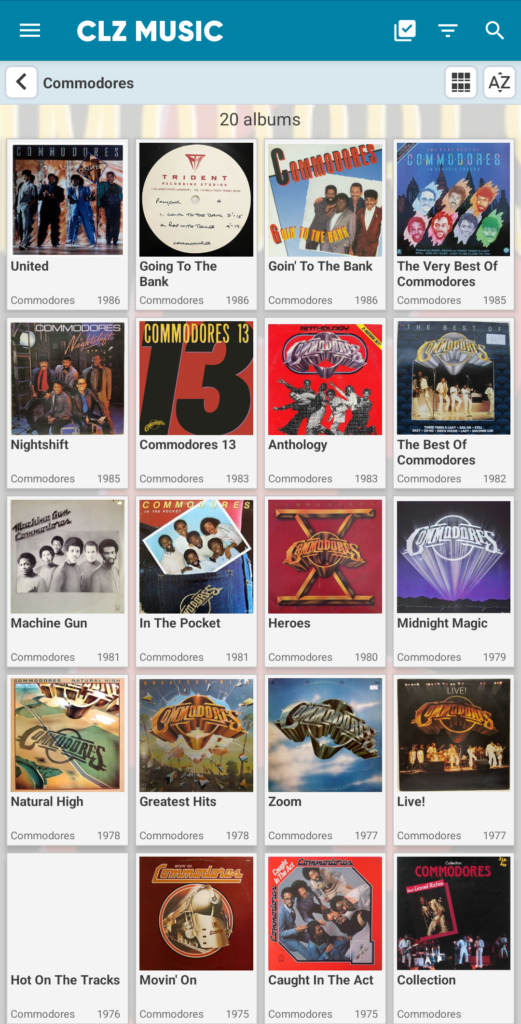 Overzicht van de Commodores-albums in Roy Chamberlains digitale CLZ-vinylcatalogus.